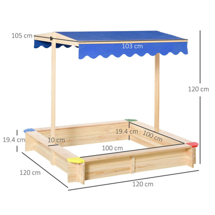 Kids Wooden Sandpit with Adjustable Canopy and Bench Seat - Natural Wood