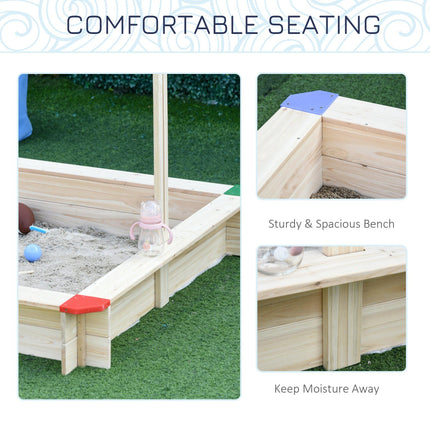Kids Wooden Sandpit with Adjustable Canopy and Bench Seat - Natural Wood