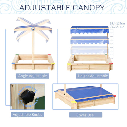Kids Wooden Sandpit with Adjustable Canopy and Bench Seat - Natural Wood