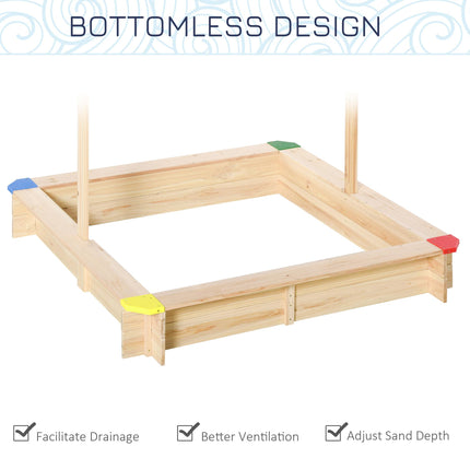 Kids Wooden Sandpit with Adjustable Canopy and Bench Seat - Natural Wood