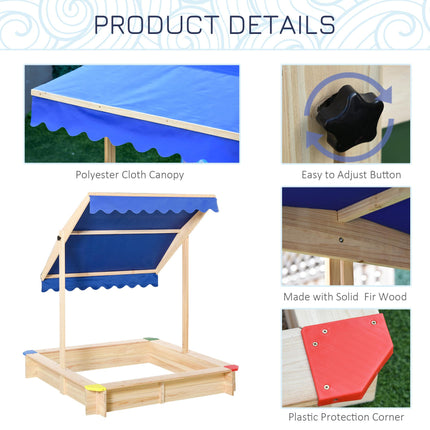 Kids Wooden Sandpit with Adjustable Canopy and Bench Seat - Natural Wood