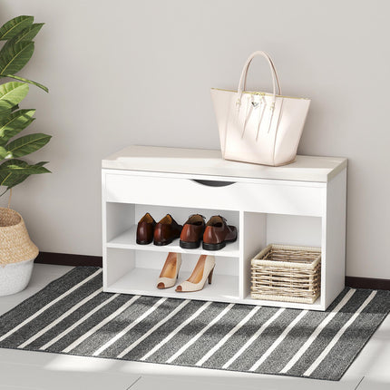 Wooden Shoe Rack Bench with Hidden Storage and Padded Seat, 80x30x47 cm - White