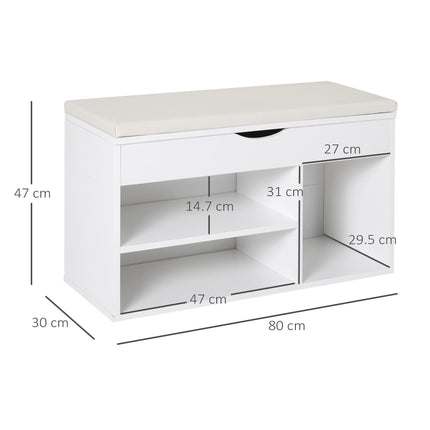 Wooden Shoe Rack Bench with Hidden Storage and Padded Seat, 80x30x47 cm - White