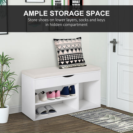 Wooden Shoe Rack Bench with Hidden Storage and Padded Seat, 80x30x47 cm - White