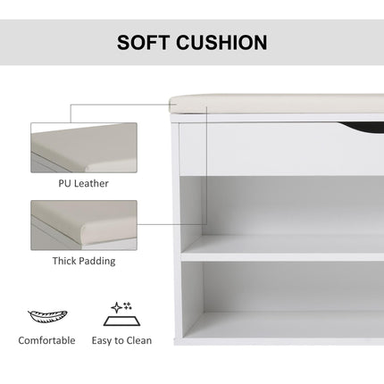 Wooden Shoe Rack Bench with Hidden Storage and Padded Seat, 80x30x47 cm - White