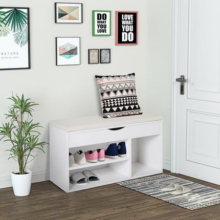 Wooden Shoe Rack Bench with Hidden Storage and Padded Seat, 80x30x47 cm - White