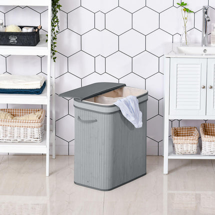 100L Natural Wood Laundry Basket with Flip Lid, Removable Lining & Handles - Grey