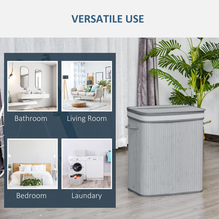 100L Natural Wood Laundry Basket with Flip Lid, Removable Lining & Handles - Grey