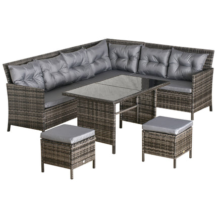 8-Seater Garden Rattan Corner Dining Sofa Set with Coffee Table and Cushions - Grey
