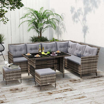 8-Seater Garden Rattan Corner Dining Sofa Set with Coffee Table and Cushions - Grey