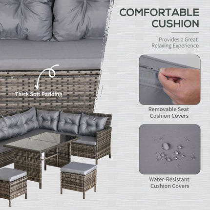 8-Seater Garden Rattan Corner Dining Sofa Set with Coffee Table and Cushions - Grey