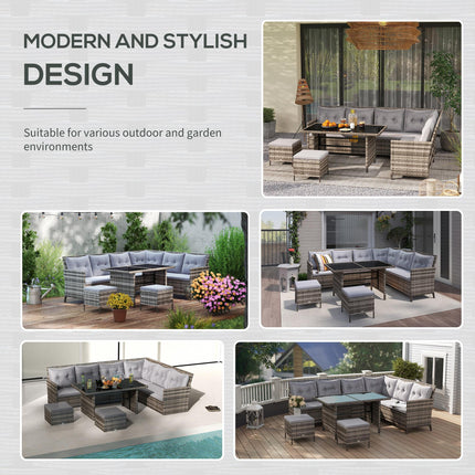 8-Seater Garden Rattan Corner Dining Sofa Set with Coffee Table and Cushions - Grey