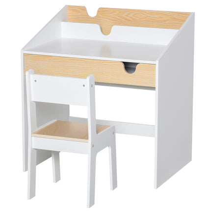 Kids 2 Piece Desk and Chair Set with Storage Drawer MDF - White