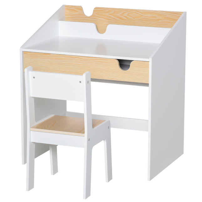 Kids 2 Piece Desk and Chair Set with Storage Drawer MDF - White