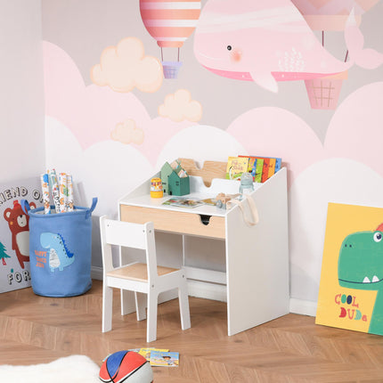 Kids 2 Piece Desk and Chair Set with Storage Drawer MDF - White