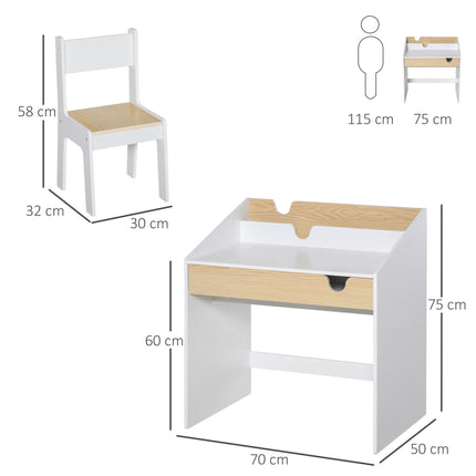 Kids 2 Piece Desk and Chair Set with Storage Drawer MDF - White