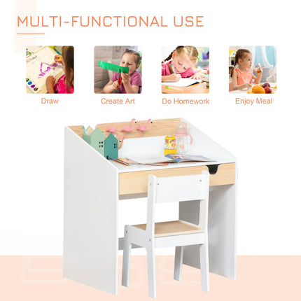 Kids 2 Piece Desk and Chair Set with Storage Drawer MDF - White