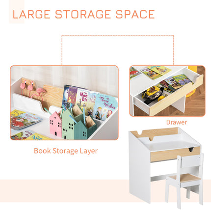 Kids 2 Piece Desk and Chair Set with Storage Drawer MDF - White