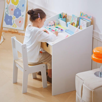 Kids 2 Piece Desk and Chair Set with Storage Drawer MDF - White