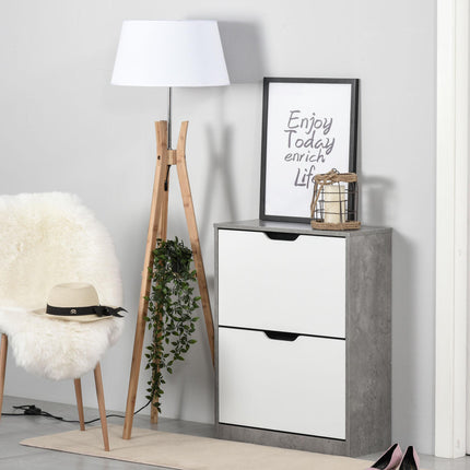 Tipping 2-Tier Shoe Cabinet with Drawer and Adjustable Shelf for 8 Pairs - Grey White