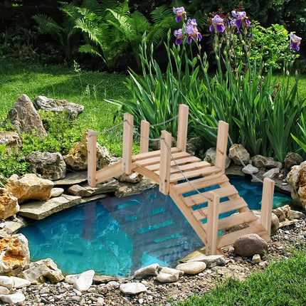Small Fir Wooden Garden Bridge, Arch Walkway with Metal Chain Railings for Lands
