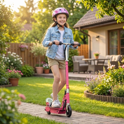 120W Foldable Kids Powered Scooter with 24V Rechargeable Battery Adjustable Ride-On Toy - Pink