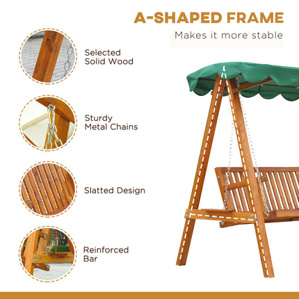 3-Seater Wooden Garden Swing Bench with Canopy - Green