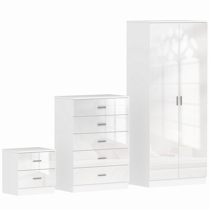 High Gloss 3 Piece Bedroom Furniture Set Wardrobe, Chest of Drawers & Bedside - White