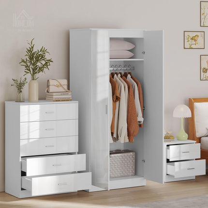High Gloss 3 Piece Bedroom Furniture Set Wardrobe, Chest of Drawers & Bedside - White