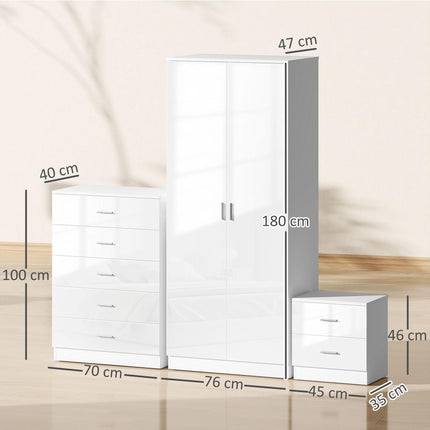 High Gloss 3 Piece Bedroom Furniture Set Wardrobe, Chest of Drawers & Bedside - White