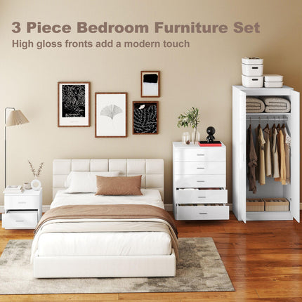 High Gloss 3 Piece Bedroom Furniture Set Wardrobe, Chest of Drawers & Bedside - White