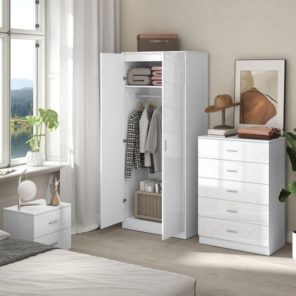 High Gloss 3 Piece Bedroom Furniture Set Wardrobe, Chest of Drawers & Bedside - White