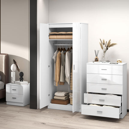High Gloss 3 Piece Bedroom Furniture Set Wardrobe, Chest of Drawers & Bedside - White