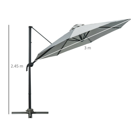 3 Metre Cantilever Roma Parasol with Solar LED Light and Cross Base - Grey