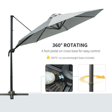3 Metre Cantilever Roma Parasol with Solar LED Light and Cross Base - Grey
