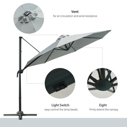 3 Metre Cantilever Roma Parasol with Solar LED Light and Cross Base - Grey