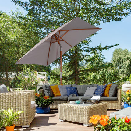 2m x 1.5m Patio Garden Parasol with Fir Wooden Pole, 6 Ribs, Tilt Mechanism - Grey