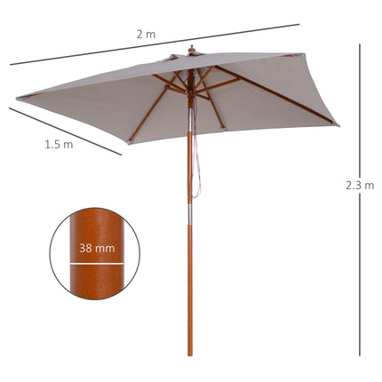 2m x 1.5m Patio Garden Parasol with Fir Wooden Pole, 6 Ribs, Tilt Mechanism - Grey