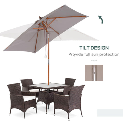 2m x 1.5m Patio Garden Parasol with Fir Wooden Pole, 6 Ribs, Tilt Mechanism - Grey