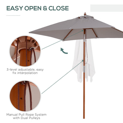 2m x 1.5m Patio Garden Parasol with Fir Wooden Pole, 6 Ribs, Tilt Mechanism - Grey