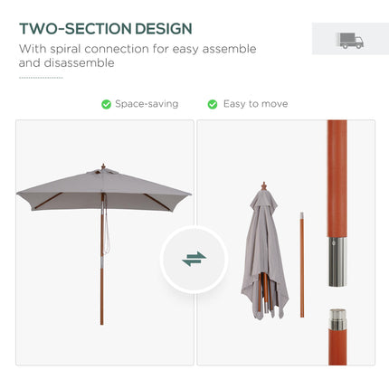 2m x 1.5m Patio Garden Parasol with Fir Wooden Pole, 6 Ribs, Tilt Mechanism - Grey