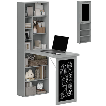 Folding Convertible Computer Desk with Blackboard and Side Shelves for Home Office - Grey