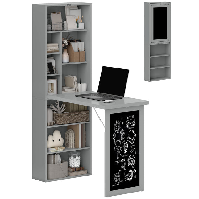 Folding Convertible Computer Desk with Blackboard and Side Shelves for Home Office - Grey