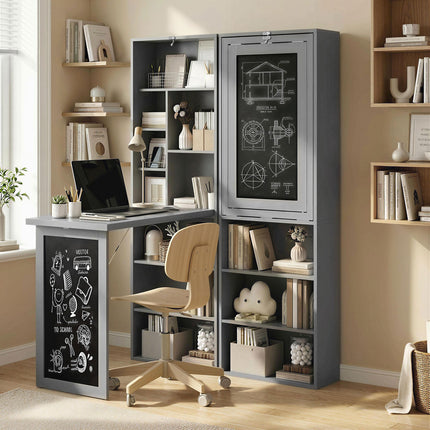 Folding Convertible Computer Desk with Blackboard and Side Shelves for Home Office - Grey