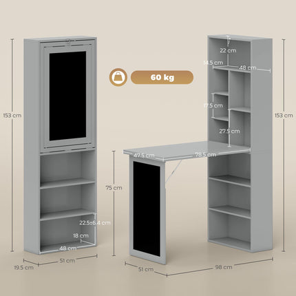 Folding Convertible Computer Desk with Blackboard and Side Shelves for Home Office - Grey