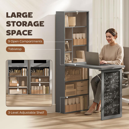 Folding Convertible Computer Desk with Blackboard and Side Shelves for Home Office - Grey