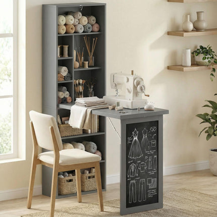 Folding Convertible Computer Desk with Blackboard and Side Shelves for Home Office - Grey