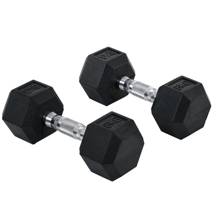 Set of 2 8kg Rubber Hex Dumbbells Non-Rolling Fitness Weights - Black