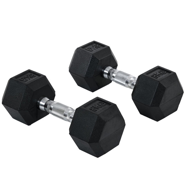 Set of 2 8kg Rubber Hex Dumbbells Non-Rolling Fitness Weights - Black