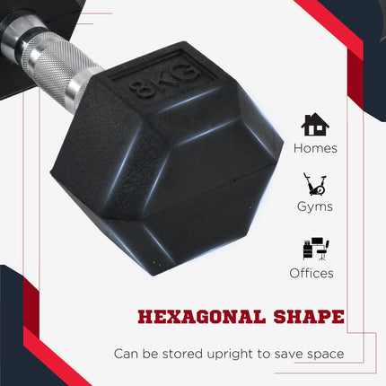 Set of 2 8kg Rubber Hex Dumbbells Non-Rolling Fitness Weights - Black